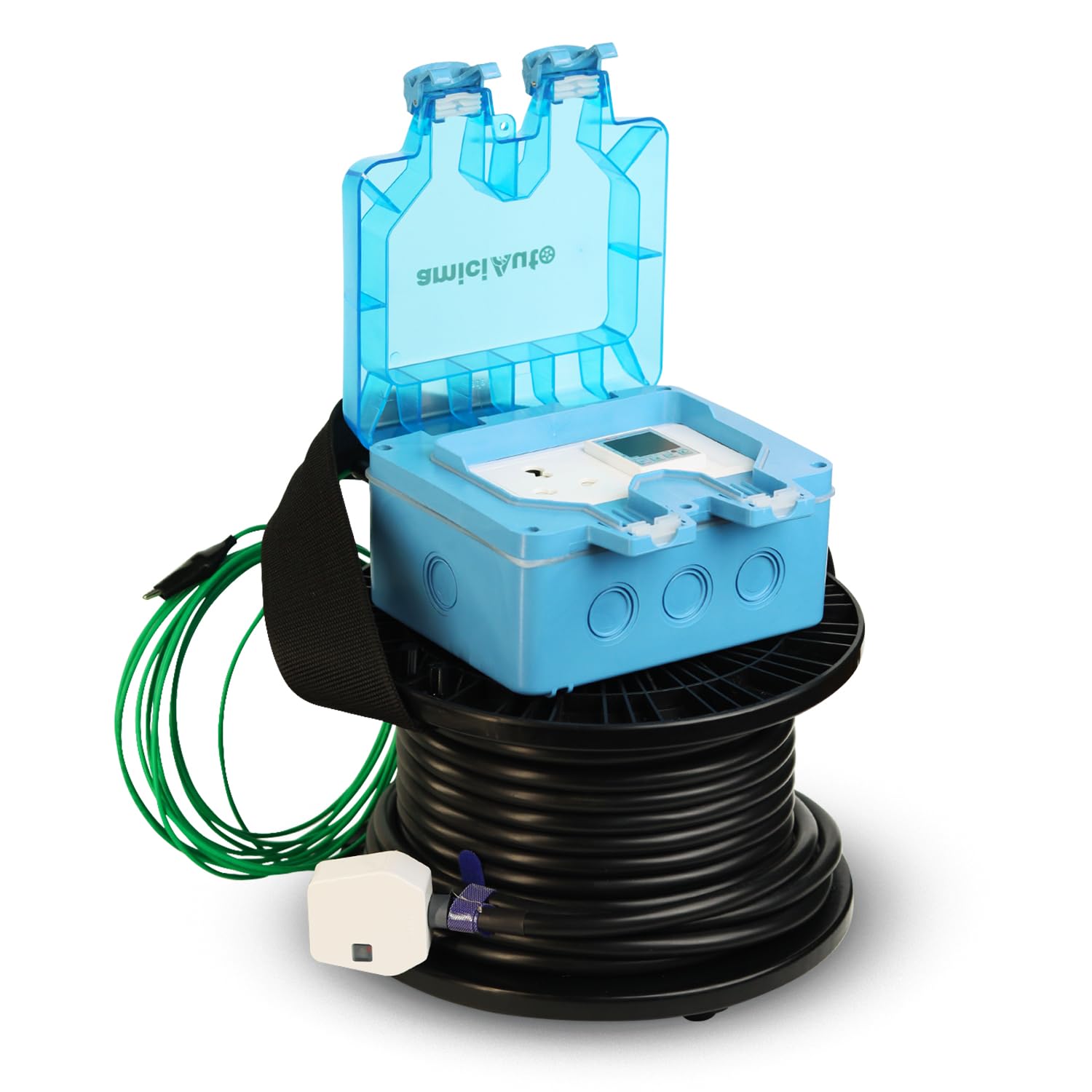 amiciauto ev charging extension board | 6-in-1 digital energy meter | 20m 4 sq mm heavy-duty cable | ip66 waterproof | 16a plug with on/off switch | outdoor ev charging solution