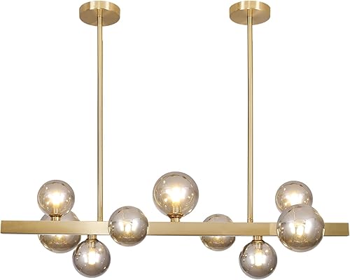 BOKT Lámpara colgante lineal moderna de mediados de siglo, 9 luces de globo de vidrio gris humo, lámpara de araña lineal de latón, lámpara colgante