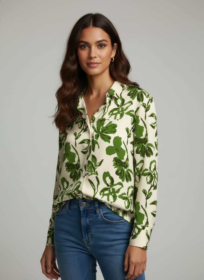 ANNI Designer Bedrucktes Hemd aus Baumwollmischung für Damen, langärmelig, normale Passform, Hemdkragen, lässig, Bürokleidung, stilvolle Westernkleidung für den Alltag, Hochzeit, Party