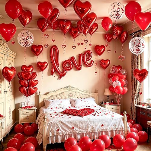 Image of Love Balloons And Wedding Balloons Set,Romantic Love Balloon Kit | Red Rose,Foil Heart Balloons| Wedding Decoration For Anniversary Confession Proposal Birde Shower Boyfriend Girlfriend Lover
