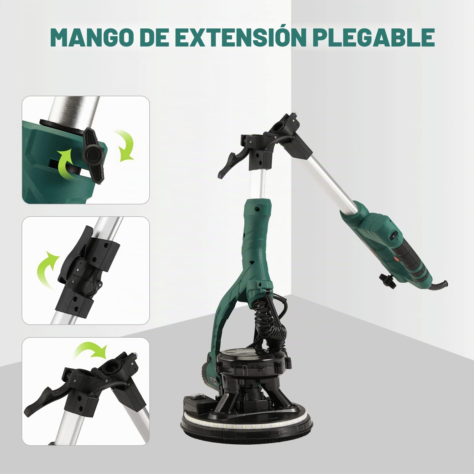 POSENPRO Lijadora de Pared Eléctrica 810W 500-2100 RPM, con 5 Velocidades Ajustables, 18 Unidades de Papel de Lija, Mango Extensible Plegable, Sistema Automático de Recolección de Polvo, Luz LED