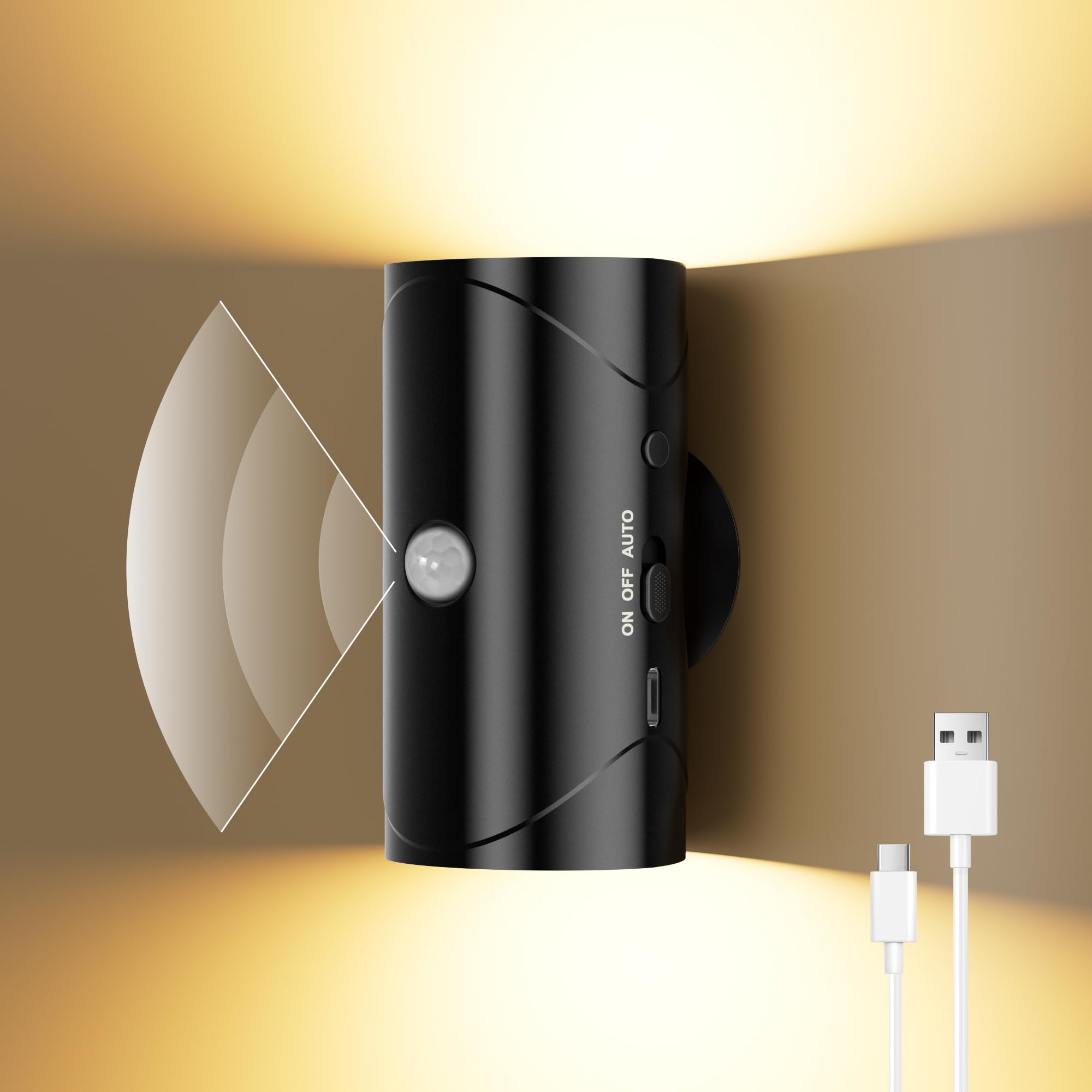 Lysumurl Black Motion Sensor Night Light, 2600Mah Rechargeable Battery Powered Stick-On Night Lights, Magnetic Wireless Wall Lights With Dusk To Dawn Sensor, Warm White 3000K For Hallway, Bedroom, Stairs