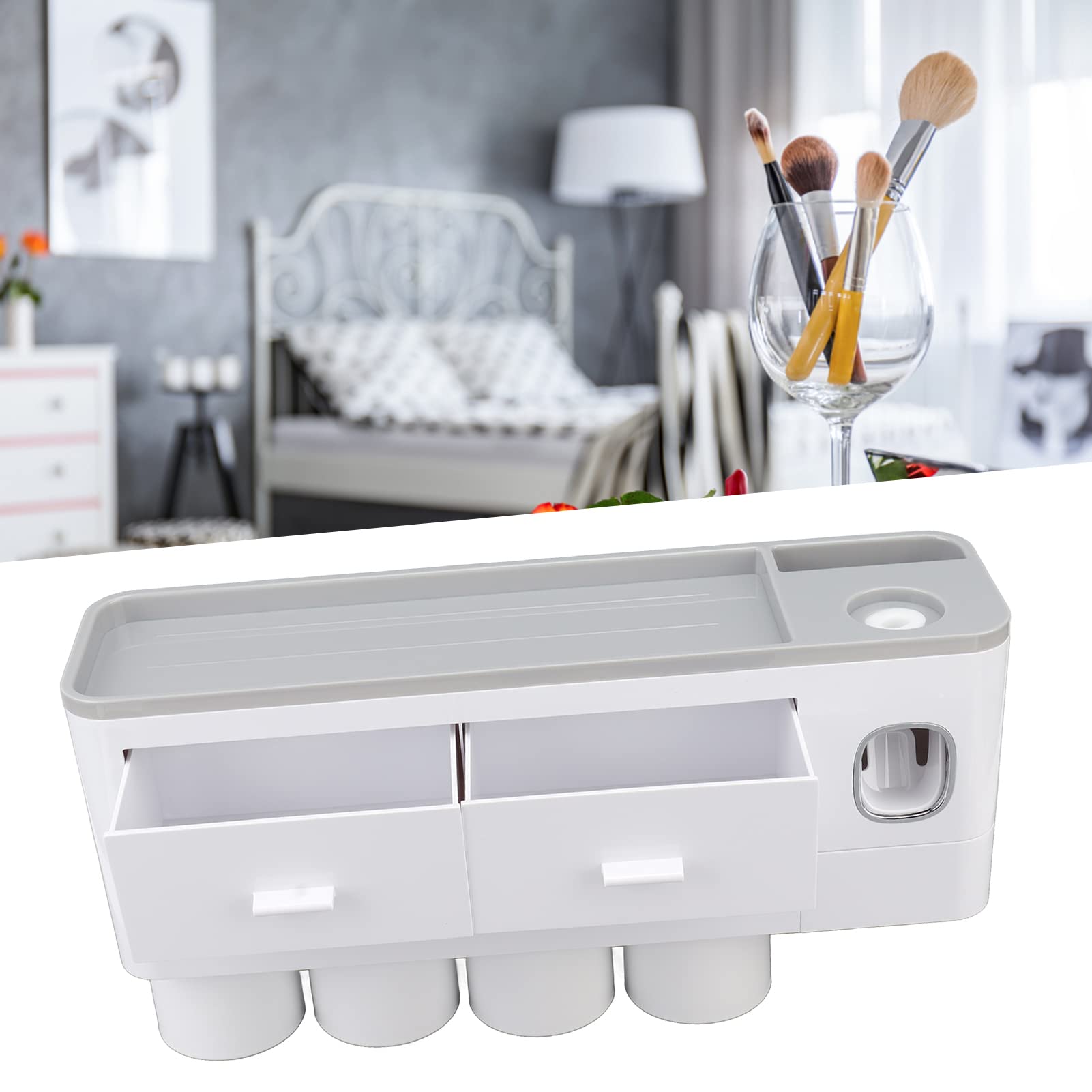 HEEPDD Wand-Zahnbürstenhalter und Zahnpastaspender, Badezimmer-Organizer ohne Bohren für Erwachsene und, Staubdichtes Design mit 4 Bechern, Hochwertiges PP- und ABS-Material. Täglicher (Vier