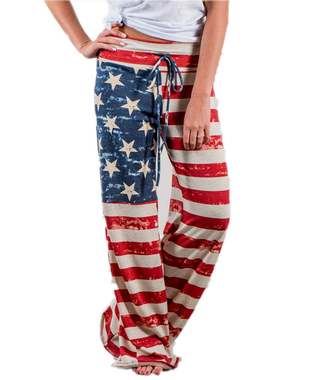 4th of July Womens American Flag Drawstring Wide Leg Pants Leggings