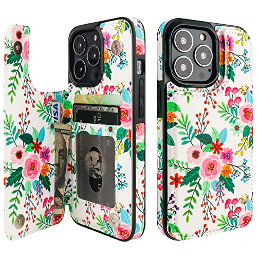 Image of HAOPINSH for iPhone 13 Pro Case Wallet with Card Holder, Colorful Florals Pattern Back Flip Folio PU Leather Kickstand Card Slots Case for Women Girls, Double Magnetic Clasp Shockproof Cover 6.1 inch