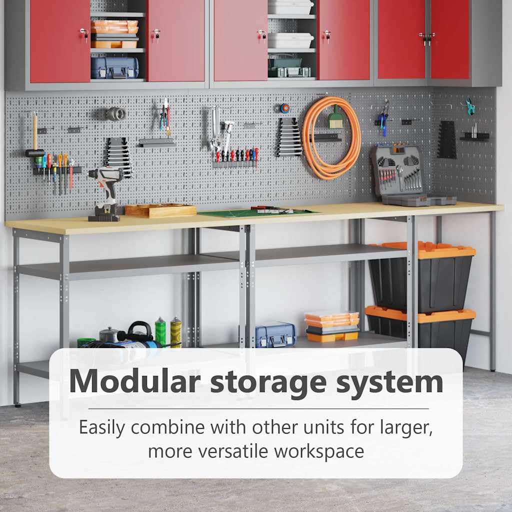 vidaXL Conjunto de Banco de Trabajo de 3 Piezas en Acero Gris, con Altura Ajustable y Mucho Espacio para almacenar. Ideal para talleres, oficinas en casa, Bancos de Trabajo Interiores, organización