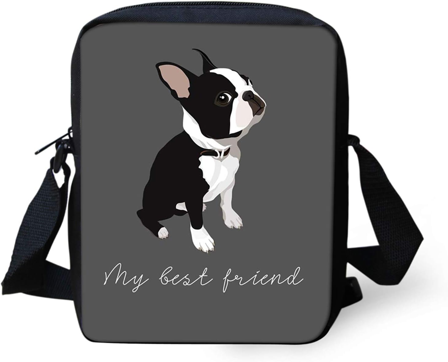 HUGS IDEAFunny French Bulldog Print Mini Messenger Bag, My Best Friend Adjustable Starp Shoulder Satchel Handbags Cell Phone Pouch Grey
