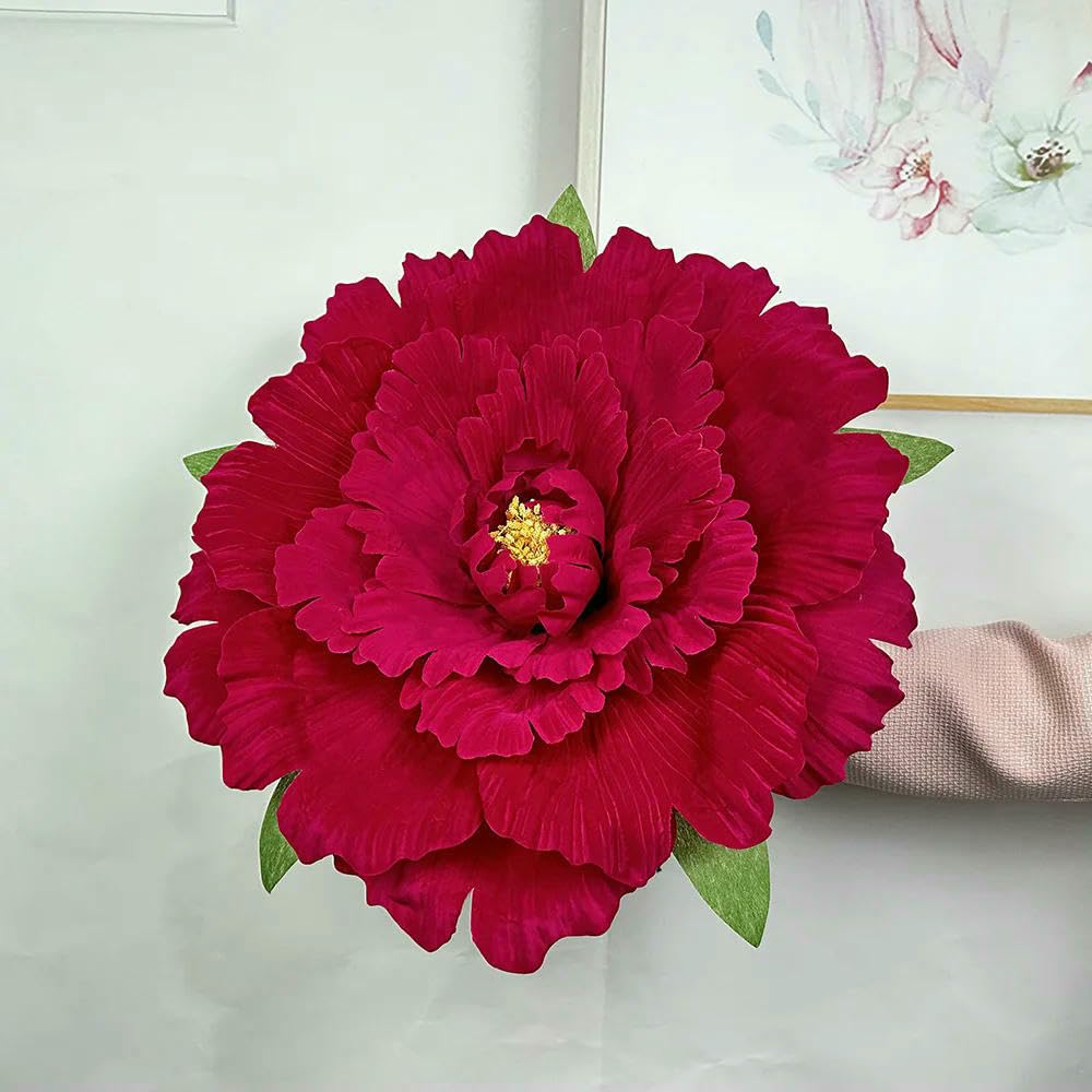 Pivoine Artificielle en Velours de Couleur Unie, Grande décoration pour Mariage, Arrangement de Fond - Rose Rouge foncé - 60 cm