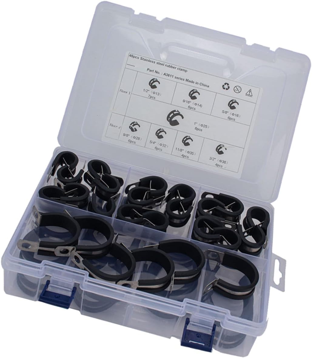 45pcs Stainless Steel R-clamp Assortment Kit Rubber Liners Versatile for Hoses