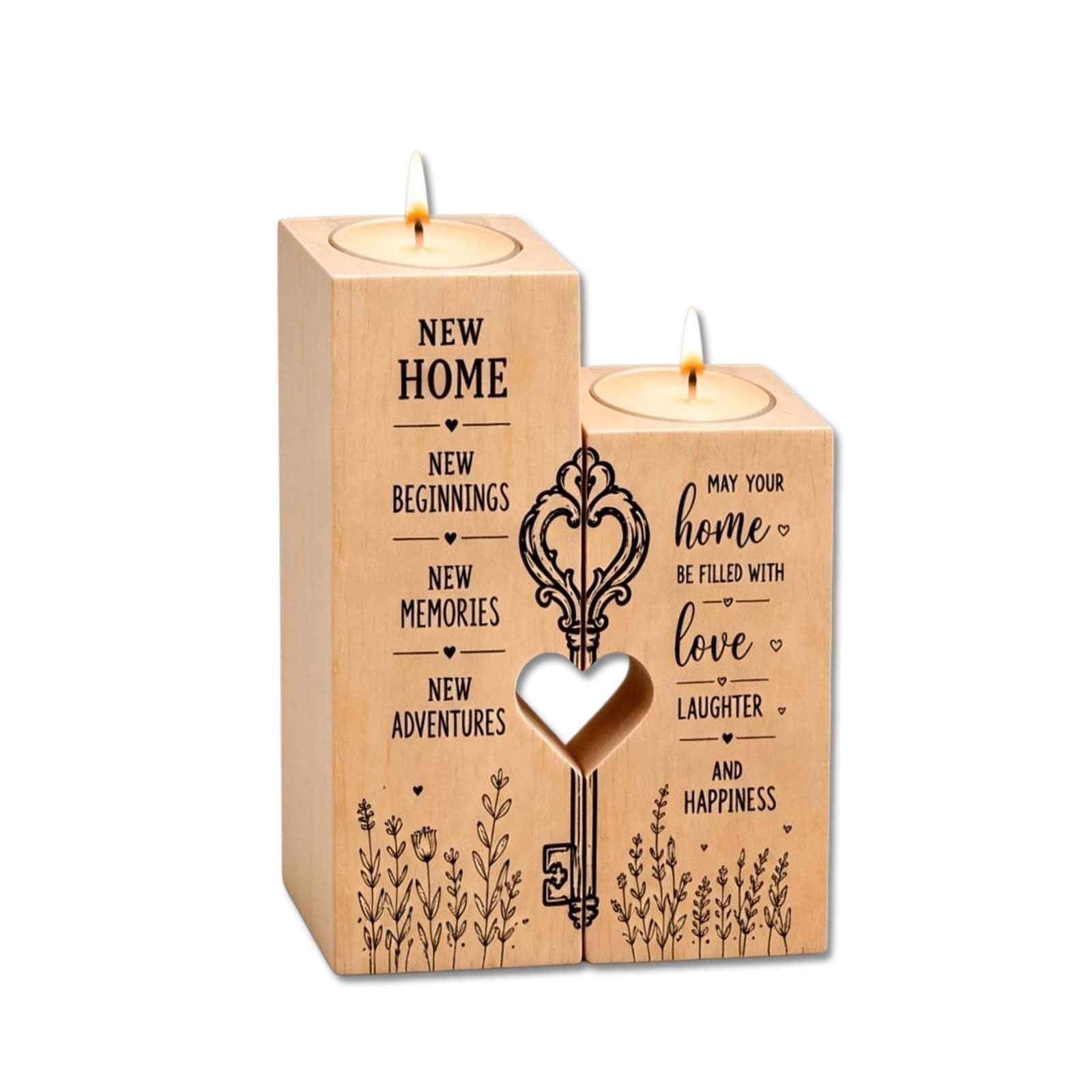 New Home Gifts, Wooden Key Heart Tealight Candle Holder Set - 4 Pcs