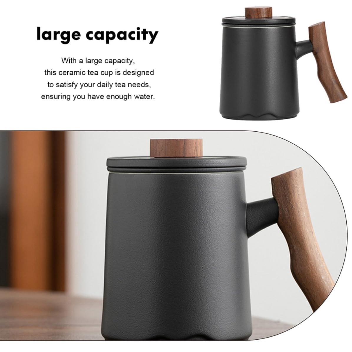 SOLUSTRE Taza de Té de Cerámica Negra de 360ml con Filtro y Mango de Madera, Capacidad Grande y Diseño Elegante para Diversas Ocasiones