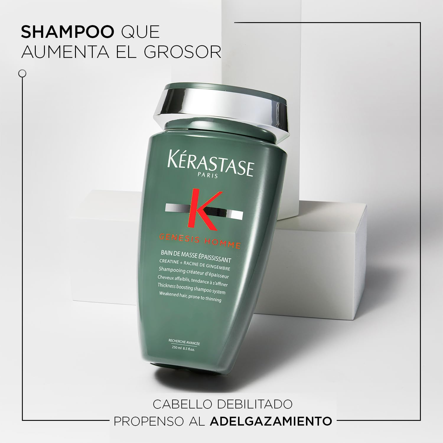 KERASTASE Genesis Homme - Bain de Masse Epaississant - Shampoing Triple Action Cheveux, Cuir Chevelu, Barbe - +38 % de Masse Capillaire - Sans Silicone - Cheveux Affaiblis & Affinés - 250 ml