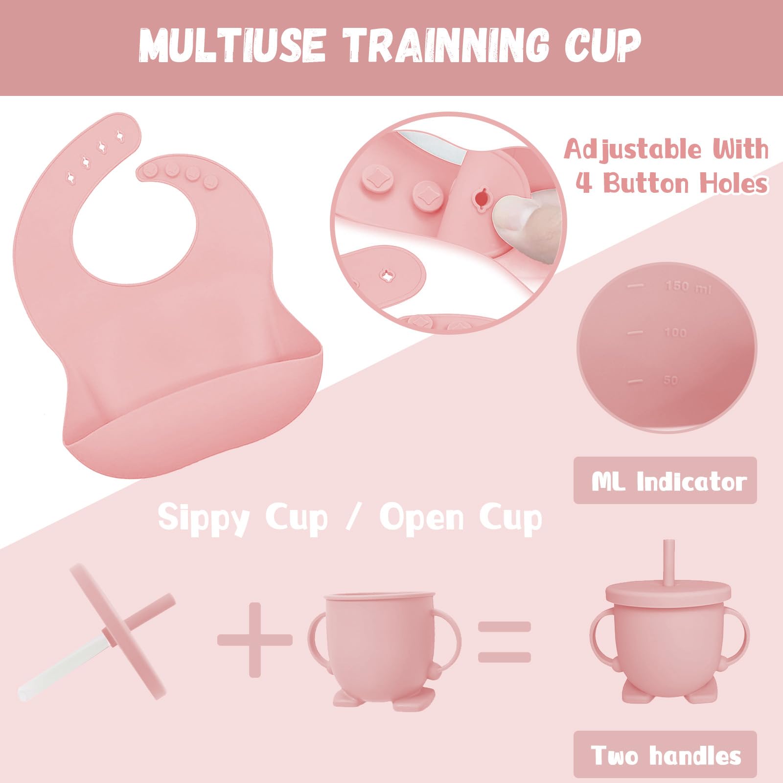 Coffret Repas Bebe 14 pièces,Vaisselle Antiderapant pour Bébé Set Silicone avec Ventouse Assiette Bol Cuillère et Bavoir,Sans BPA,Enfant Set Couverts Vaisselle Pour Sevrage Manger (Rose clair)
