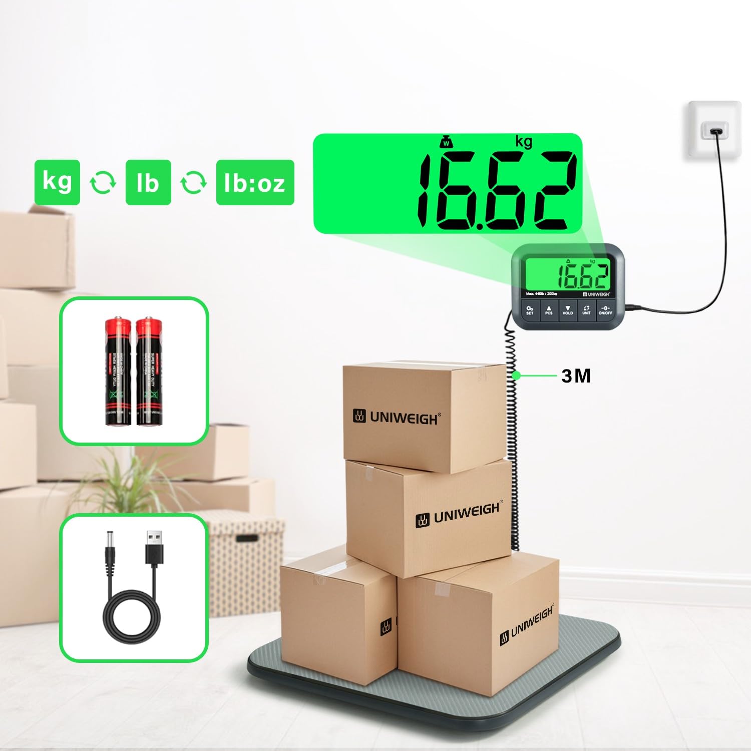 UNIWEIGH Bilancia Postale Digitale 200kg 10g Alta Precisione con Funzione Hold Tara Conteggio