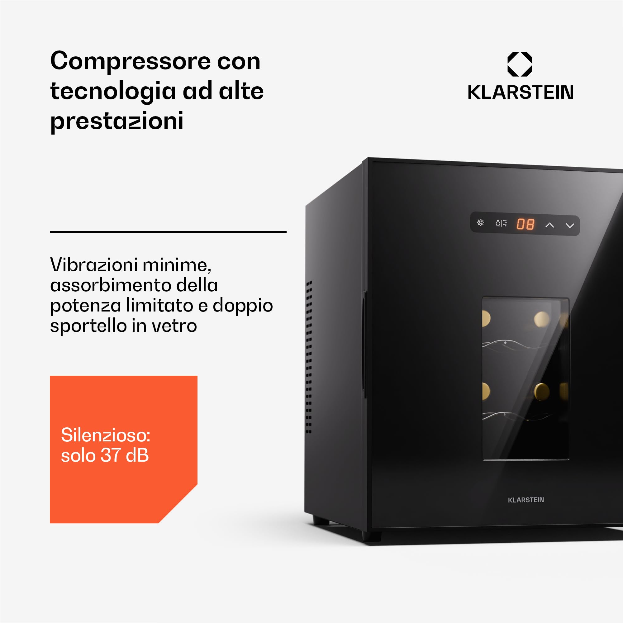 Klarstein Cantinetta Vino Refrigerata a Zona Singola per Interno-Esterno, Frigo Bar, Cantina Vino con Porta in Vetro, Mini Frigo Silenzioso, Frigorifero Piccolo, Illuminazione LED, 5-22°C 16 Bottiglie