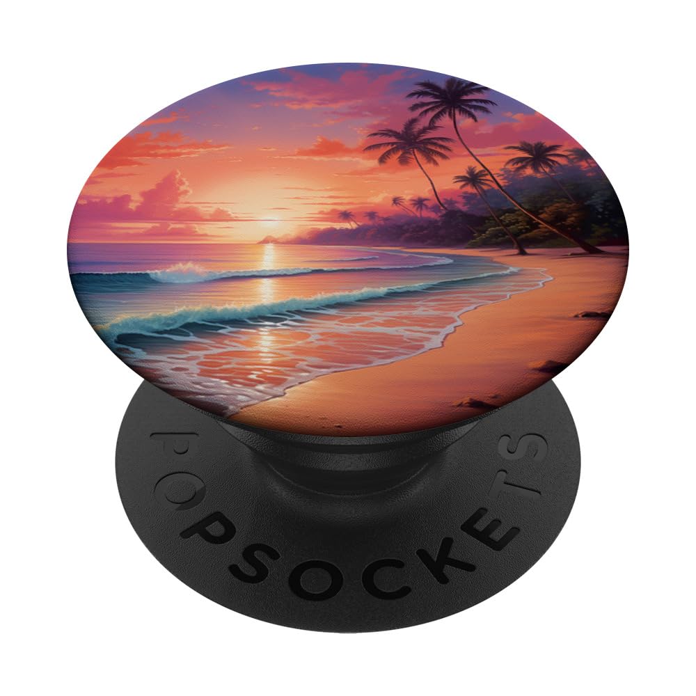 Ocean Vacation Beach Sand Sea Palms Pink Sunset Serenity PopSockets Adhesive PopGrip