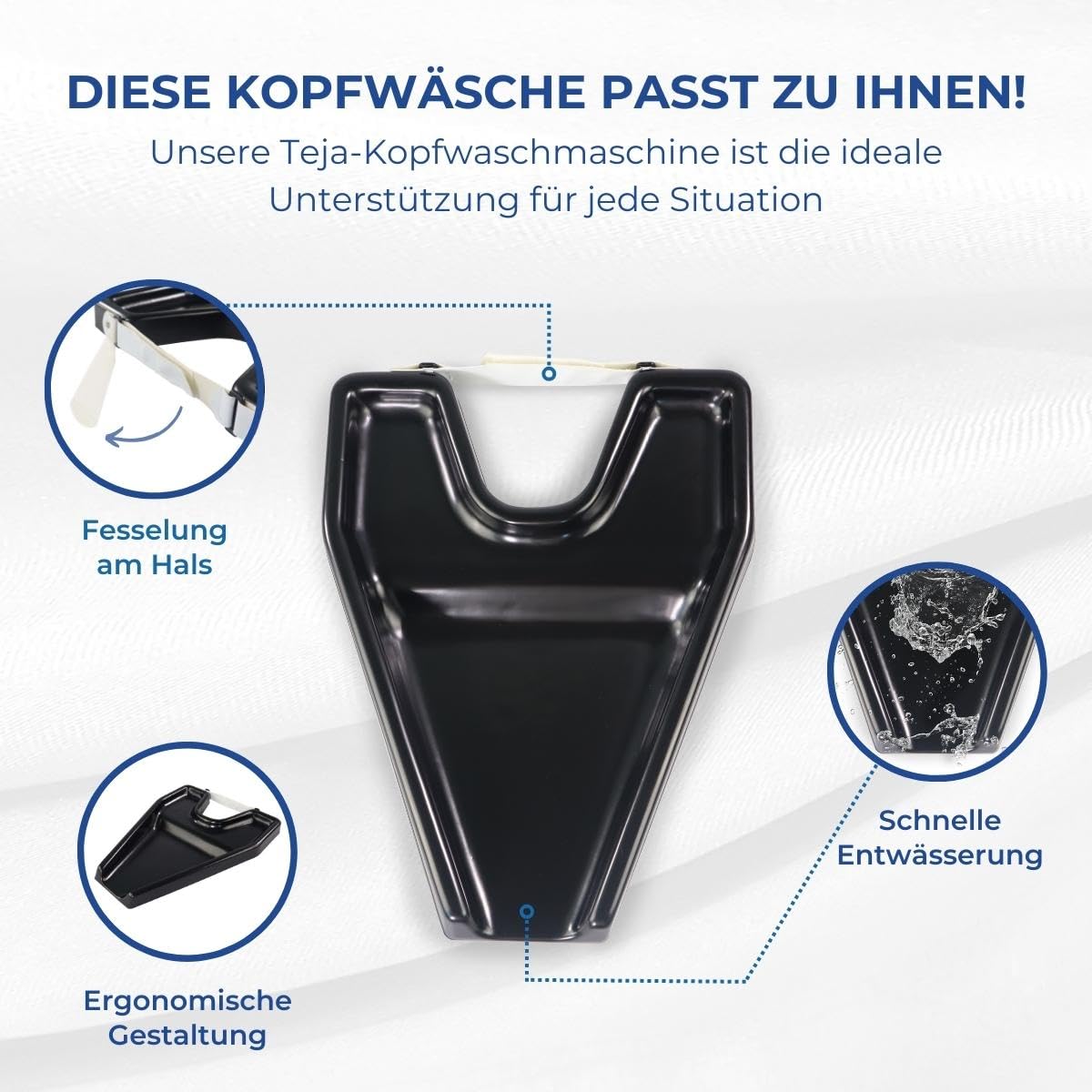 Mobiclinic®, Mobiles haarwaschbecken für Rollstuhl, Menschen mit eingeschränkter mobilität, Europäische Marke, Klettverschluss am Hals, Duschhilfe, Badehilfe, Waschhilfe, Plastik, Schwarz
