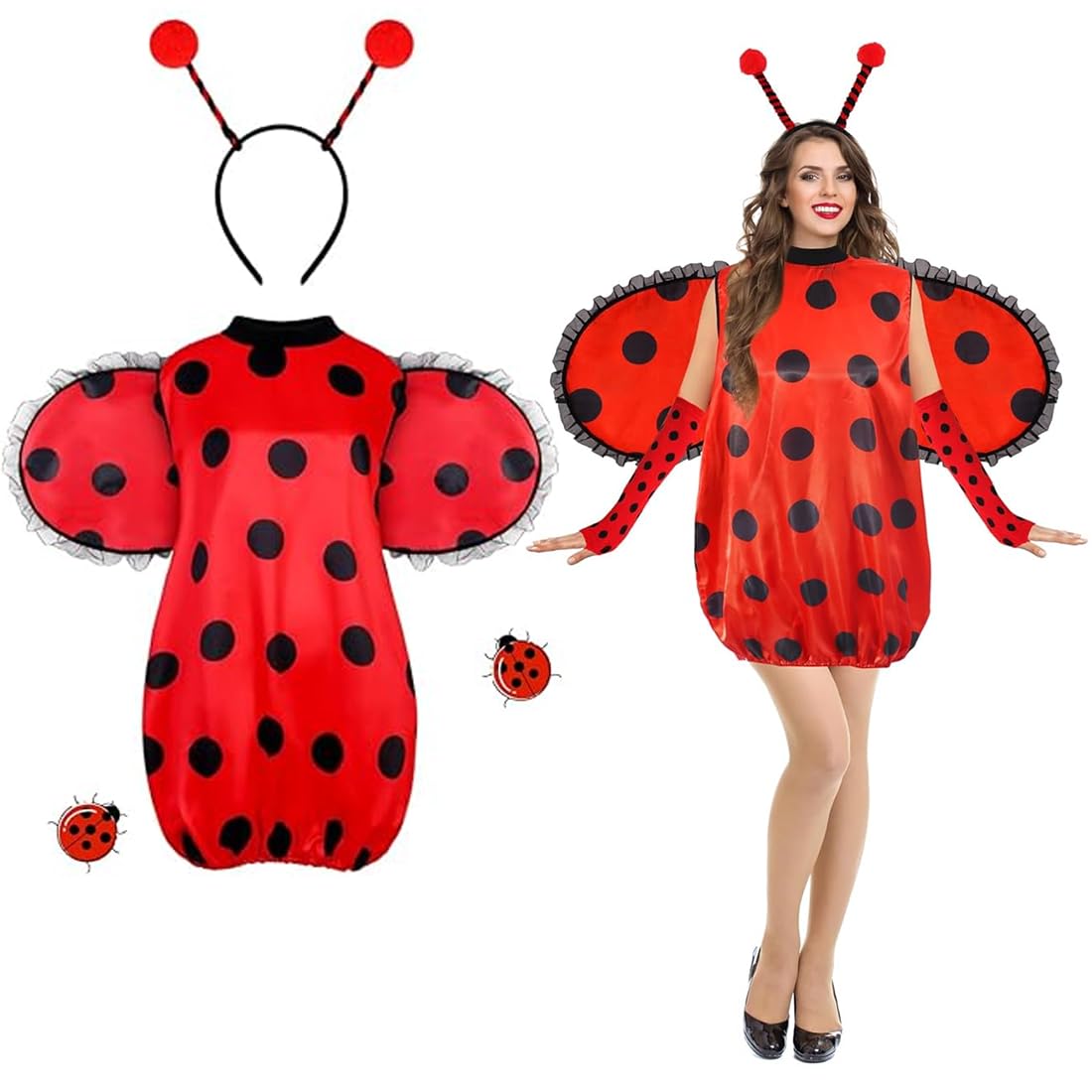 Costume Coccinelle Femme - Déguisement Complet Avec Ailes Et Bandeau Pour Fête Ou Carnaval