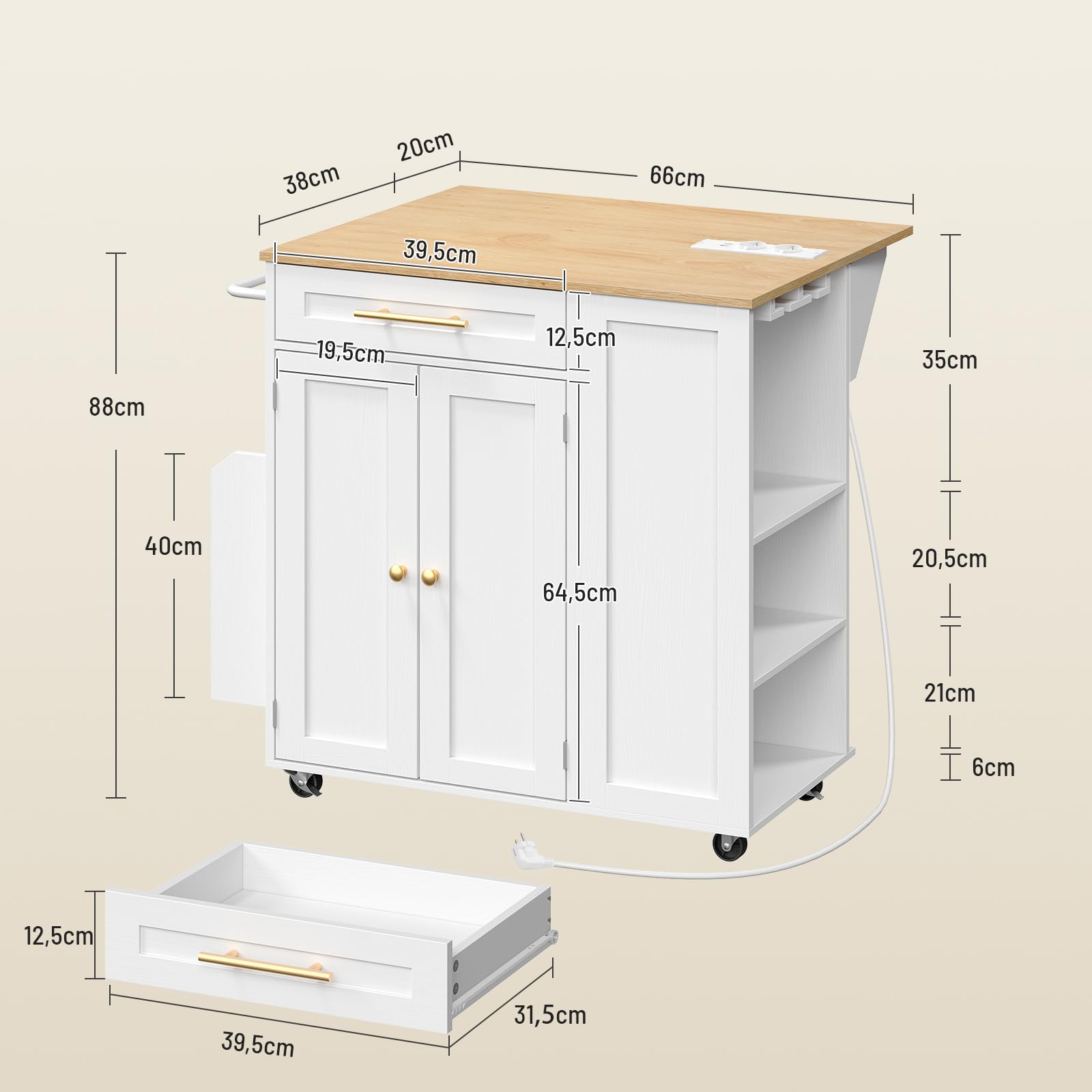 Kücheninsel mit Drop Leaf, Mobiler Küchenwagen mit Ladestation, 2 feststellbaren Rollen, verstellbarem Regal und Schublade, für kleine Räume, Weiß und Holzfarbe