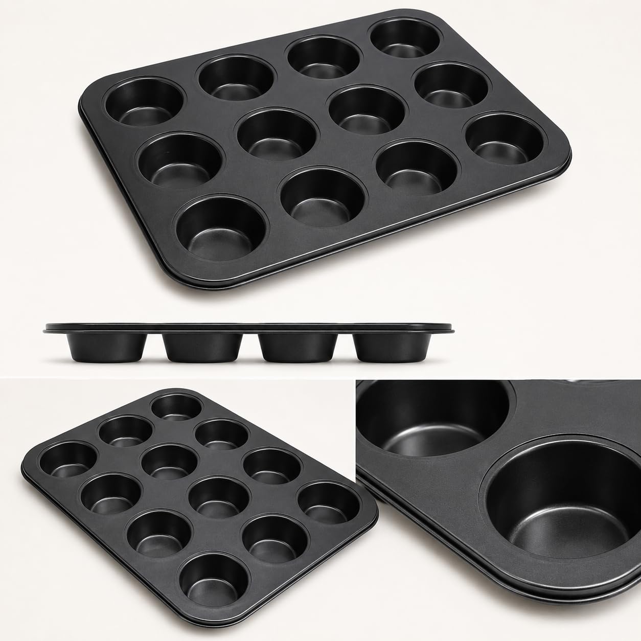 CANDeal Ensemble De 2 Moules À Muffins De 12 Tasses, Plateau De Cuisson Antiadhésif Pour Cupcakes, Moule À Muffins À 12 Cavités Pour Four, Moules À Gâteaux Lavables Pour Brownies (Noir)