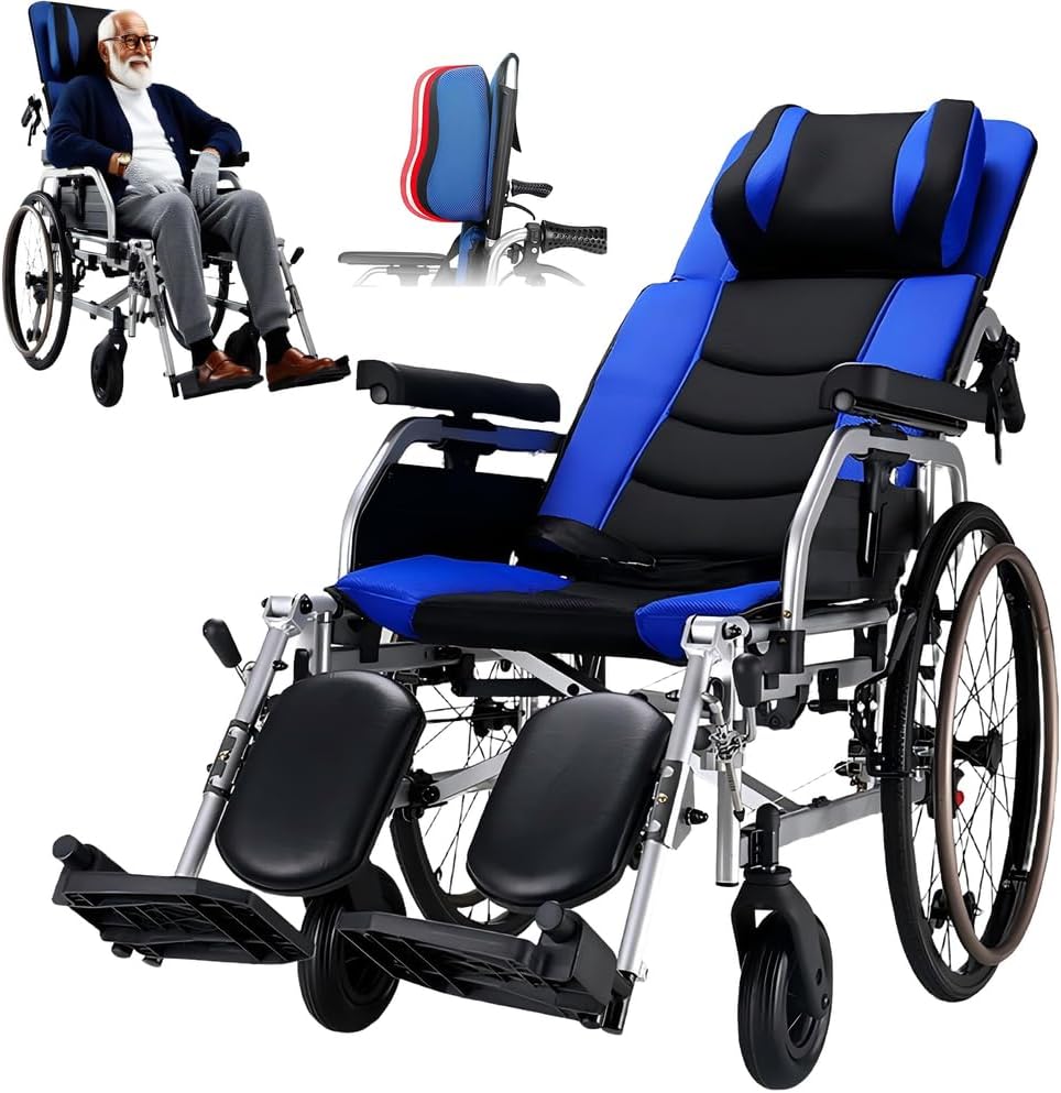 18″ Seat Reclining wheelchairs, 220 lb high Back wheelchairs for Adults, Recliner Wheel Extra Tall Wheelchair Backrest 90° to 165°Adjustment, Transfer Chair