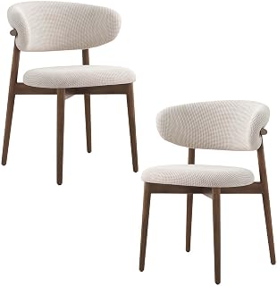 Solid Wood Dining Chairs with Linen Cushion and Curved Backrest Upholstered Dining Chairs Simple Leisure Chair for Living Room Bedroom Restaurant Walnut, 2Pcs
