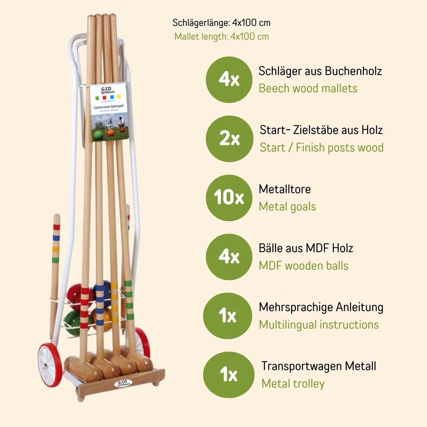 GICO Hochwertiges Krocketspiel ais Massivholz im Transportwagen aus Metall für 4 Spieler, 4 Schläger 100 cm für Erwachsene – EU Produkt – 3124