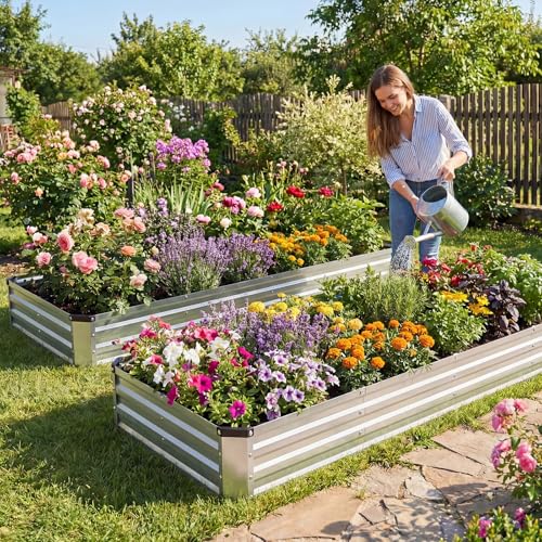 Image of NEWBULIG Galvanized Raised Garden Bed Outdoor, 8x4x1ft 2 Pack Metal Planter Box for Gardening, Rust-Resistant Rectangular Raised Flower Bed for Vegetables Flowers Herbs, Open Bottom, Easy Assembly