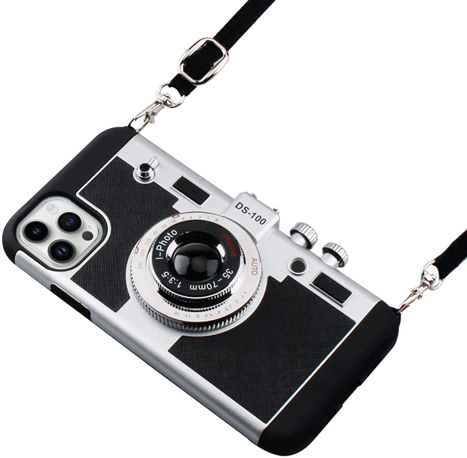 Treasureheart Emily in Paris Phone Case, for iPhone 14 Pro, 3D Vintage Camera Design Silicone Case, Cover with Removable Neck Strap, for Girls Women,Black (iPhone 14 pro)