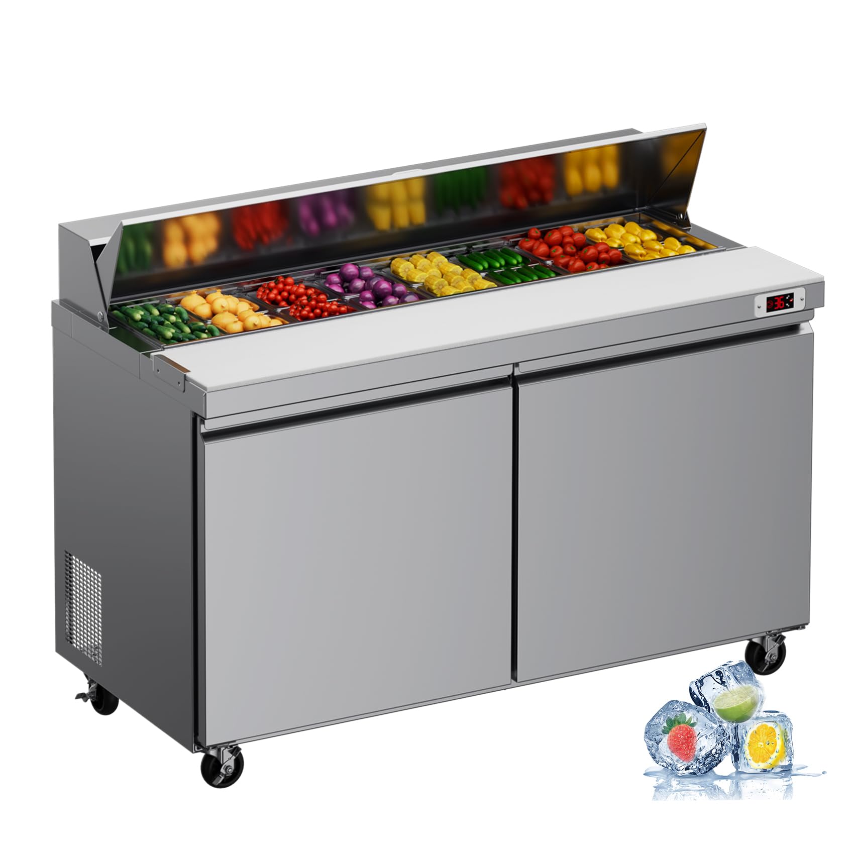 60" W Sandwich Salad Prep Table Refrigerator Commercial Refrigerator with 16 Pans Stainless Steel Fan Cooling Kitchen Equipment