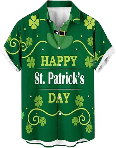 Workout Top Shirts Mens St.Patrick's Day Shamrock Print Tee Blouses Button Turndown T Shirt Short Sleeve Color Block