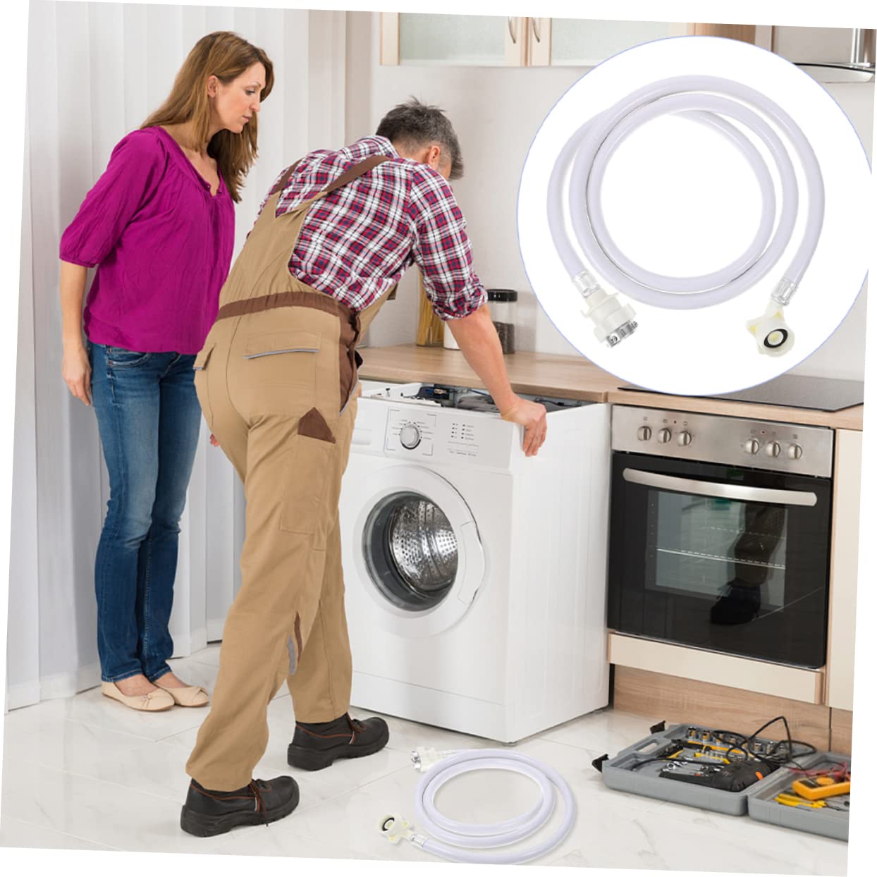 Manguera de Entrada para Lavadora 2m, Juego de 2 Piezas | Pvc Blanco Cabeza de Acero Inoxidable, Unión en Ángulo 90°, Flexible y Gruesa
