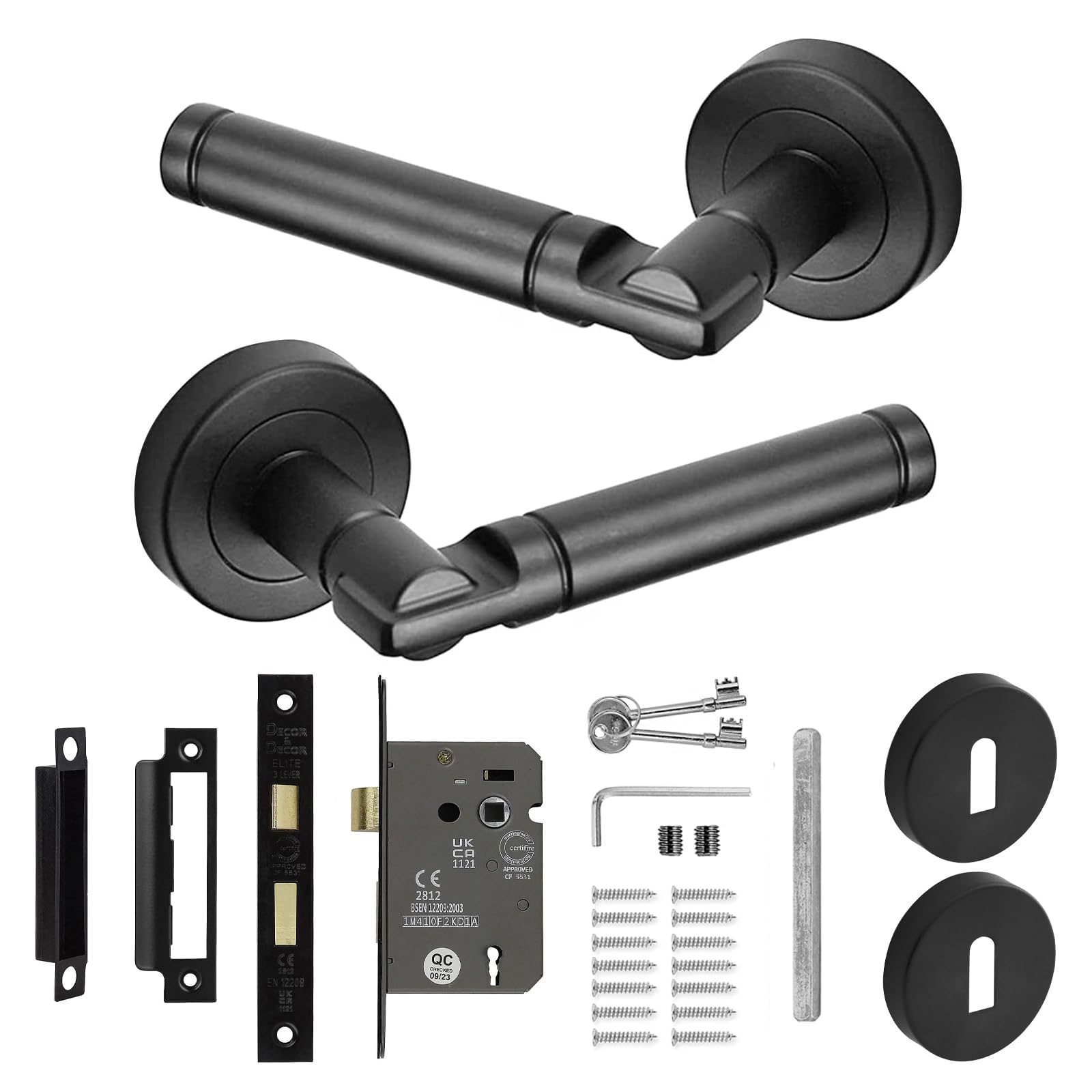 Decoranddecor Enigma Round Door Handles – Aluminium Matt Black Internal Handle Sets with Lock and Keys – Sleek Design for Wooden Interior Doors