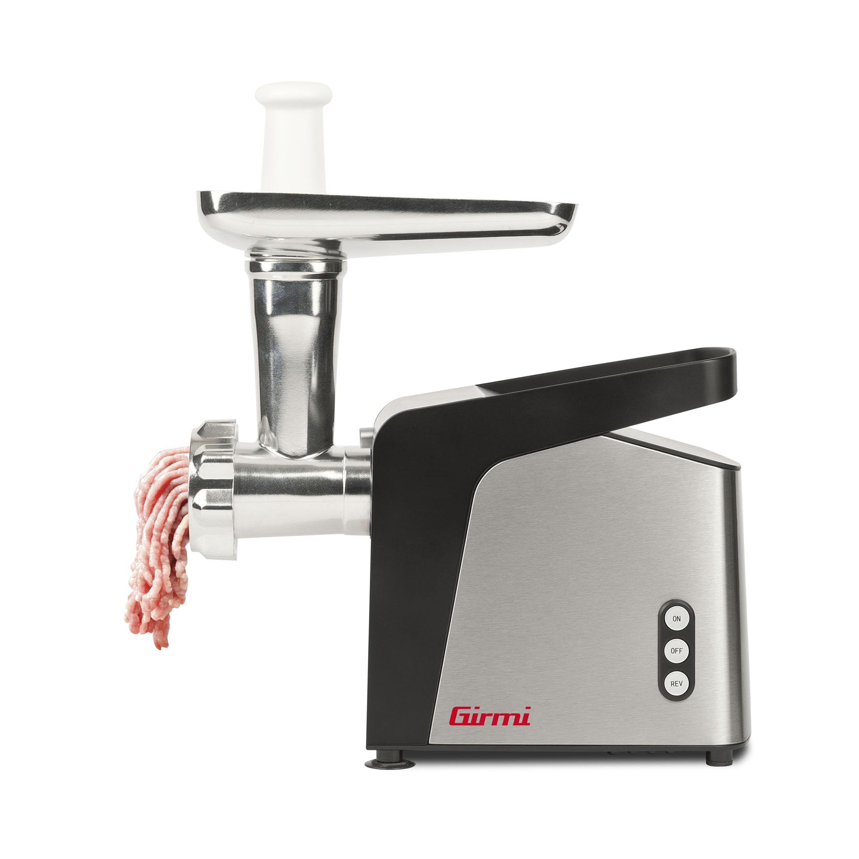Girmi TR91 Tritacarne, 1400W (max), Motore DC, Funzione Reverse, 1200 g/min, 3 Trafile Inox, Completamente smontabile e facile da pulire, Premicibo, Insaccatore Salsicce e Accessori per Kibbe inclusi.