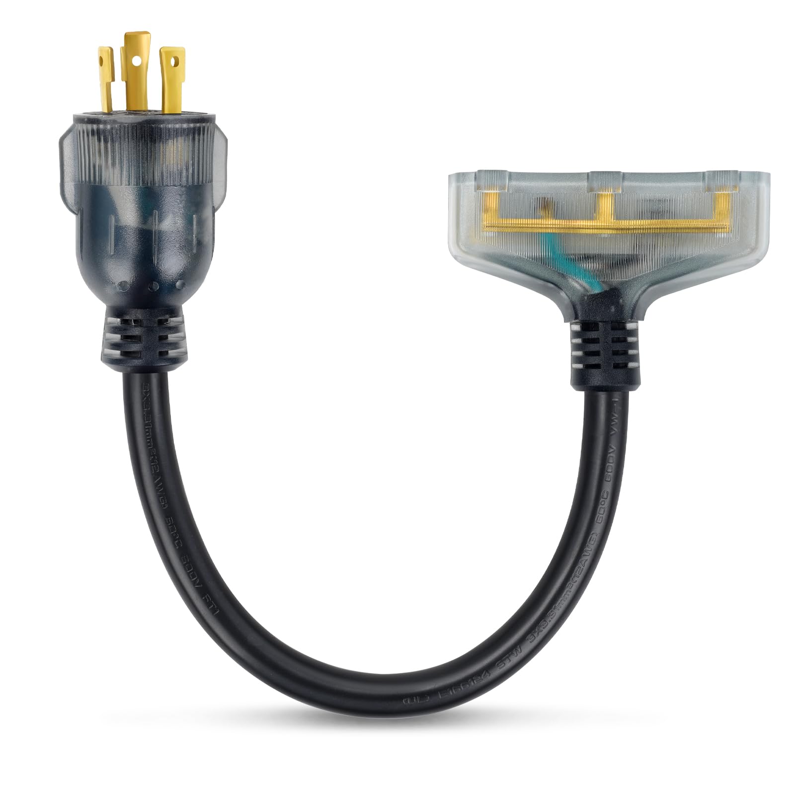 ElecStream Tech 30 amp to 110 Adapter，3 Prong Locking 30 Amp to 15 Amp Generator Power Cord，Nema L5-30P Male to 3X 5-15R Female with LED Power