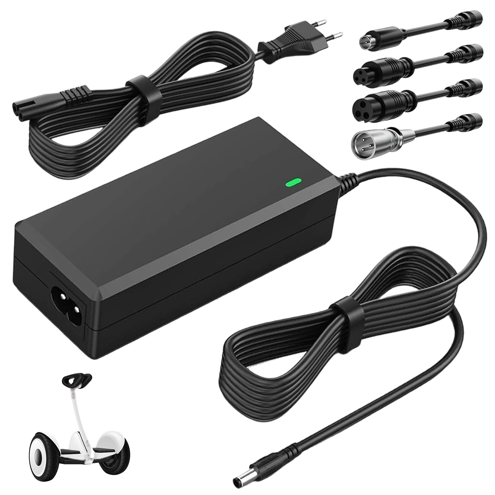 Idota Ładowarka 42 V 2 A do rowerów elektrycznych i skuterów elektrycznych, akumulator 36 V, kabel do ładowania z 6 adapterami i wskaźnikiem LED, uniwersalna szybka ładowarka do rowerów elektrycznych