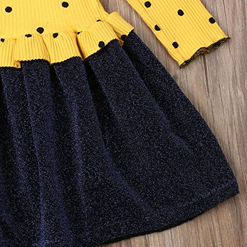 0-4 Anos Bebê Menina Outono Inverno Vestido de Manga Longa Polka Dot Amarelo & Shiny Saia Costura Ve