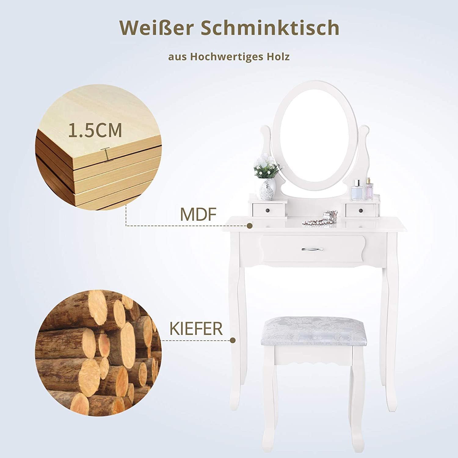 PerGar Vintage Schminktisch Set, Kosmetiktisch Makeup Tisch mit Gepolstertem Hocker, Runder Spiegel und 3 Schubladen, Frisiertisch Schminkkommode, 75 x 40 x 136, Weiß