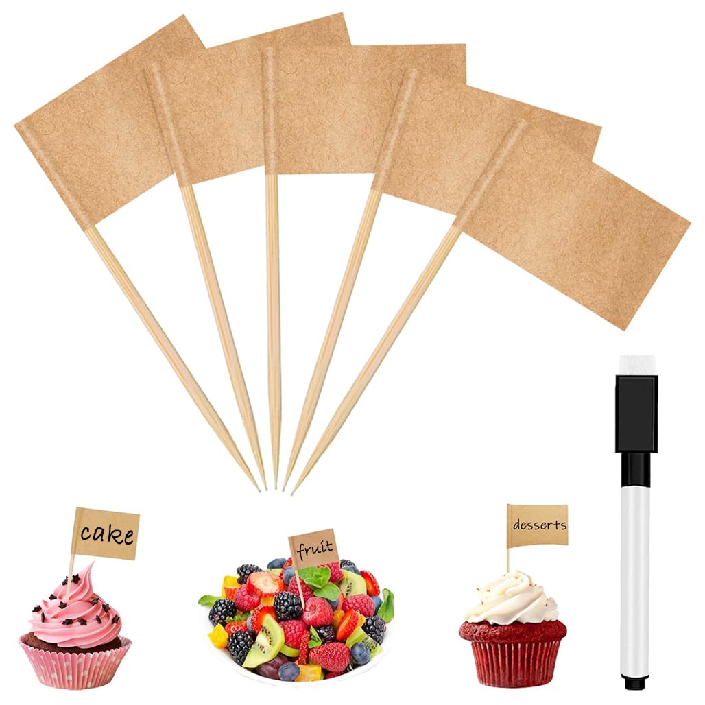 Goodern Blank Toothpick Flags,100 Pcs Paper Food Labels with Pen,Double Sided Cake Markers Flags,Mini Stick Fruit Cupcake Food Toppers Picks for Cheese,Burger,Party Buffet,Party Decoration-Natural