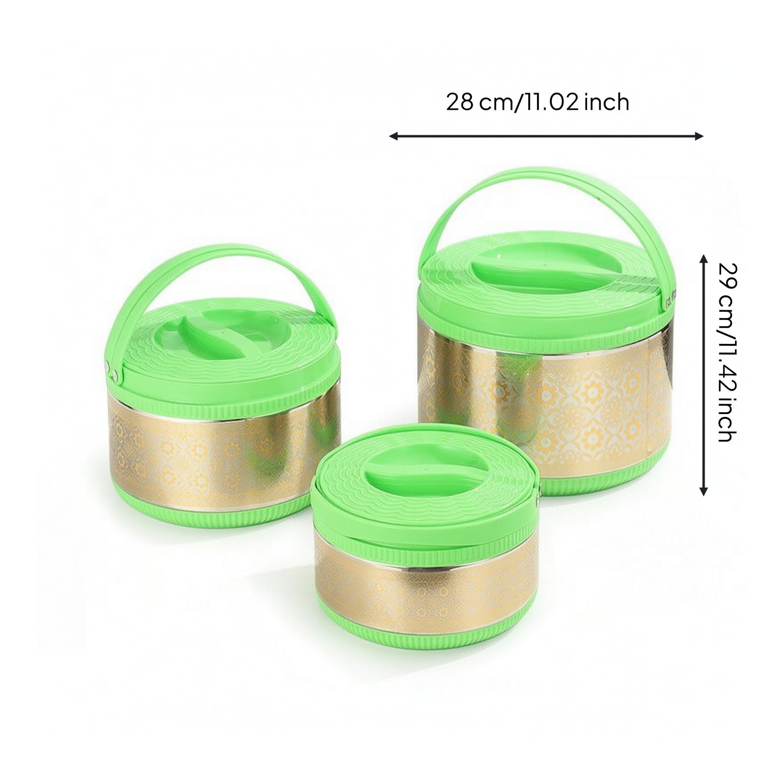 predolo 3 Pezzi Contenitore Termico con Manico Isolato Portavivande con Manico Facile da Pulire Portavivande Termico per, Verde Con Fiori Dorati, Set Da Tre Pezzi Verde Con Fiori Dorati