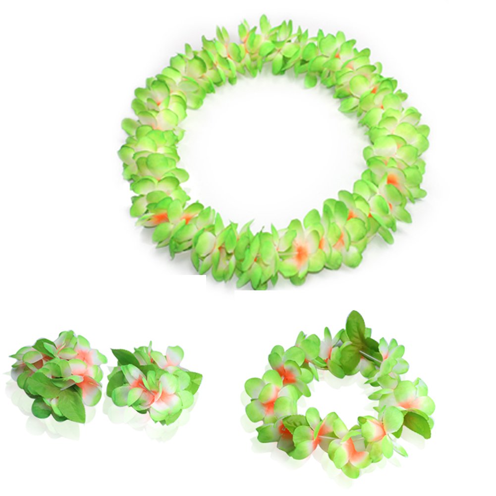 Lush Hawaiian Leis and Headpiece Set for Adults,Hawaiian Flower Leis Jumbo Necklace Bracelets Headband Set with Leaf for Hawaiian Luau Party Decoration Supplies(with Green Leaves?green)