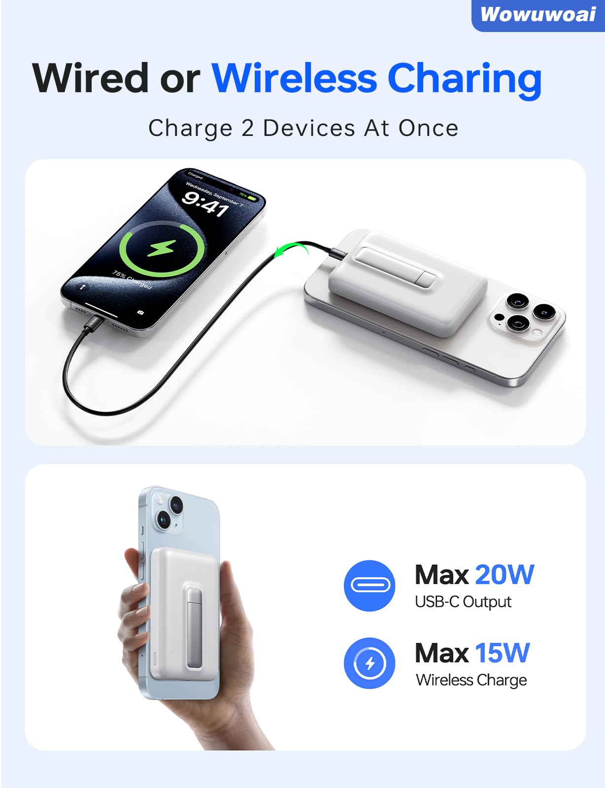 Caricabatterie portatile, power bank wireless da 10000mAh con supporto, bianco