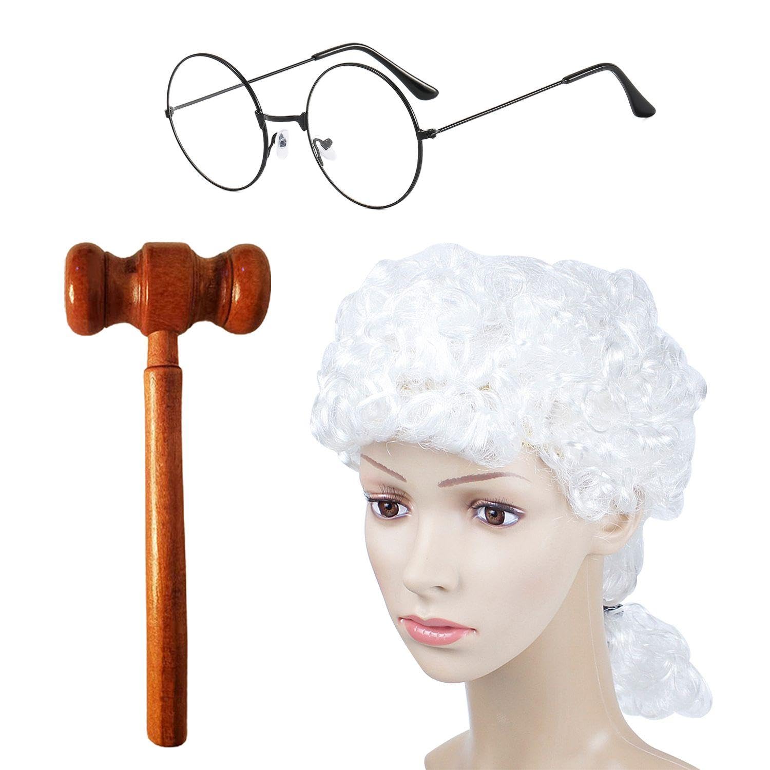 1 Wig, 1 Wooden Hammer, 1 Glasses, Judge Costume Accessories, Role Play Costume Set