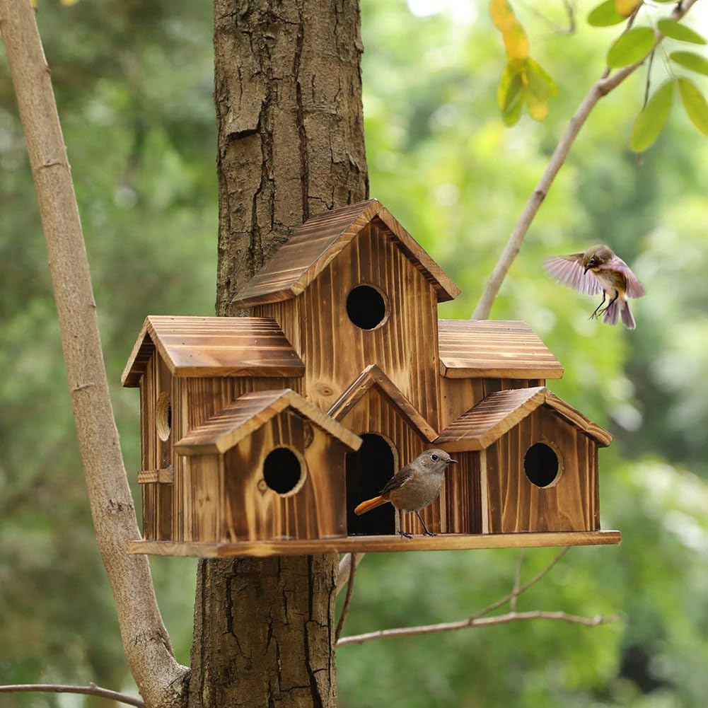 Yuemsh Hanging Bird House - 6 Hole Wooden Bird House for Outside Courtyard & Backyard Decorations, brown - Image 3