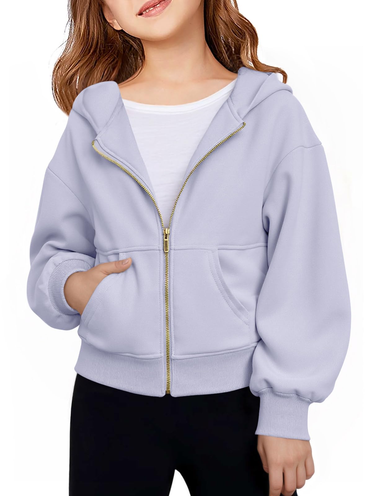 Haloumoning Felpa con cappuccio da bambina con cerniera, casual, a maniche lunghe, con tasche, 5-14 anni