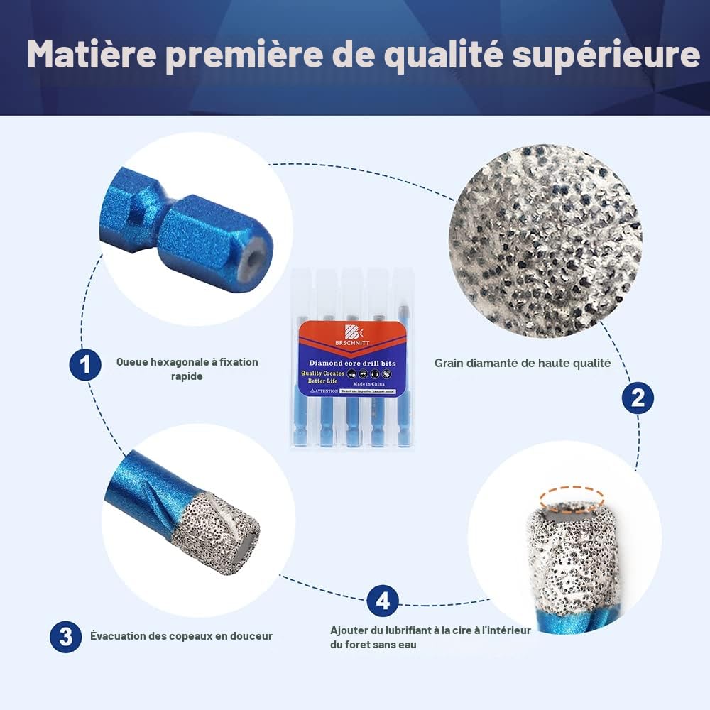 BRSCHNITT Forets Mèches Diamant Carrelage 6/6/8/10+6mm 5 Pièces Céramique Porcelaine Granit