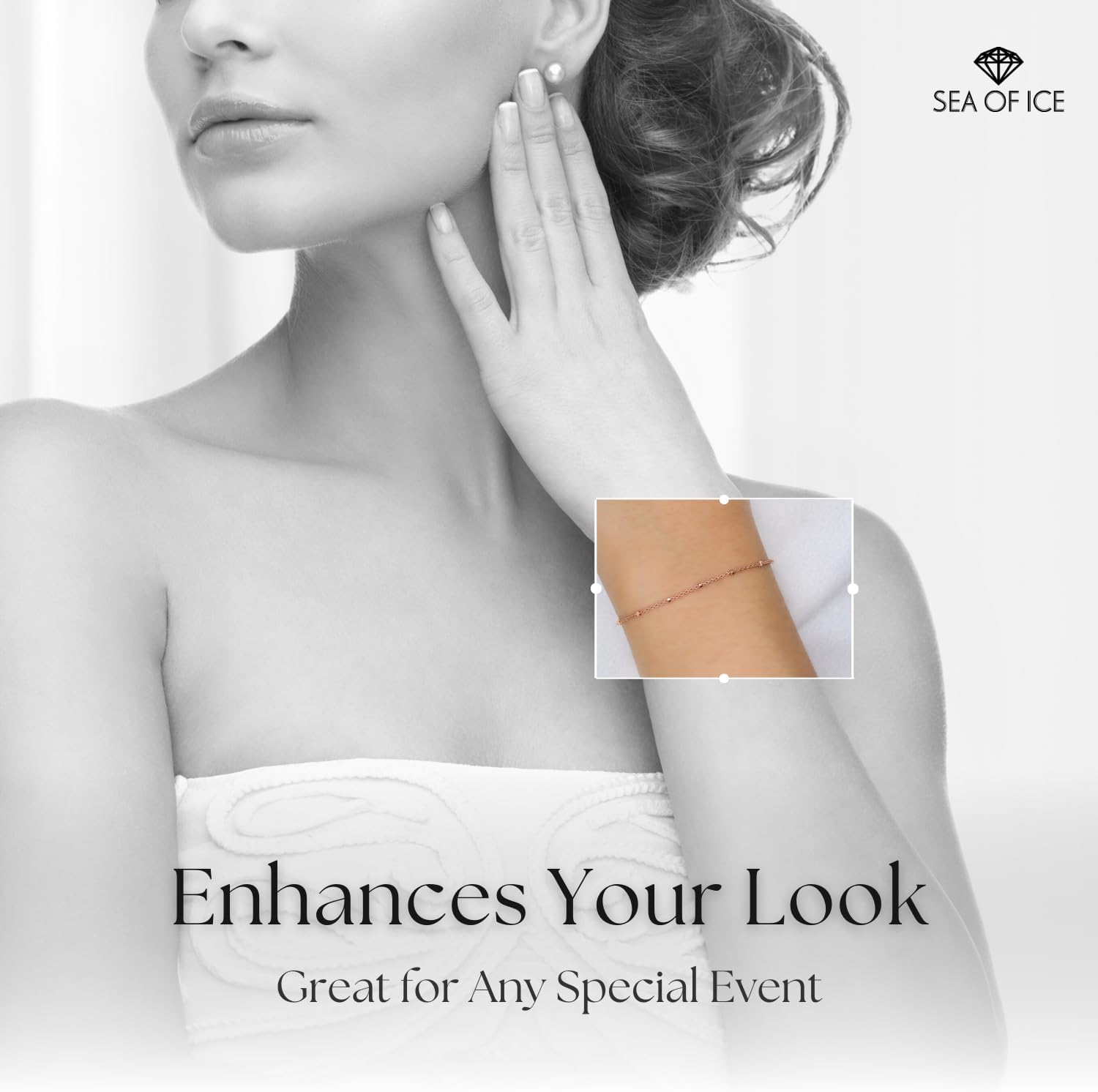 SEA OF ICE Sterling Silver 1mm Diamond-Cut Bead Station Rolo Chain Bracelet for women, Size 7.25" - Image 4