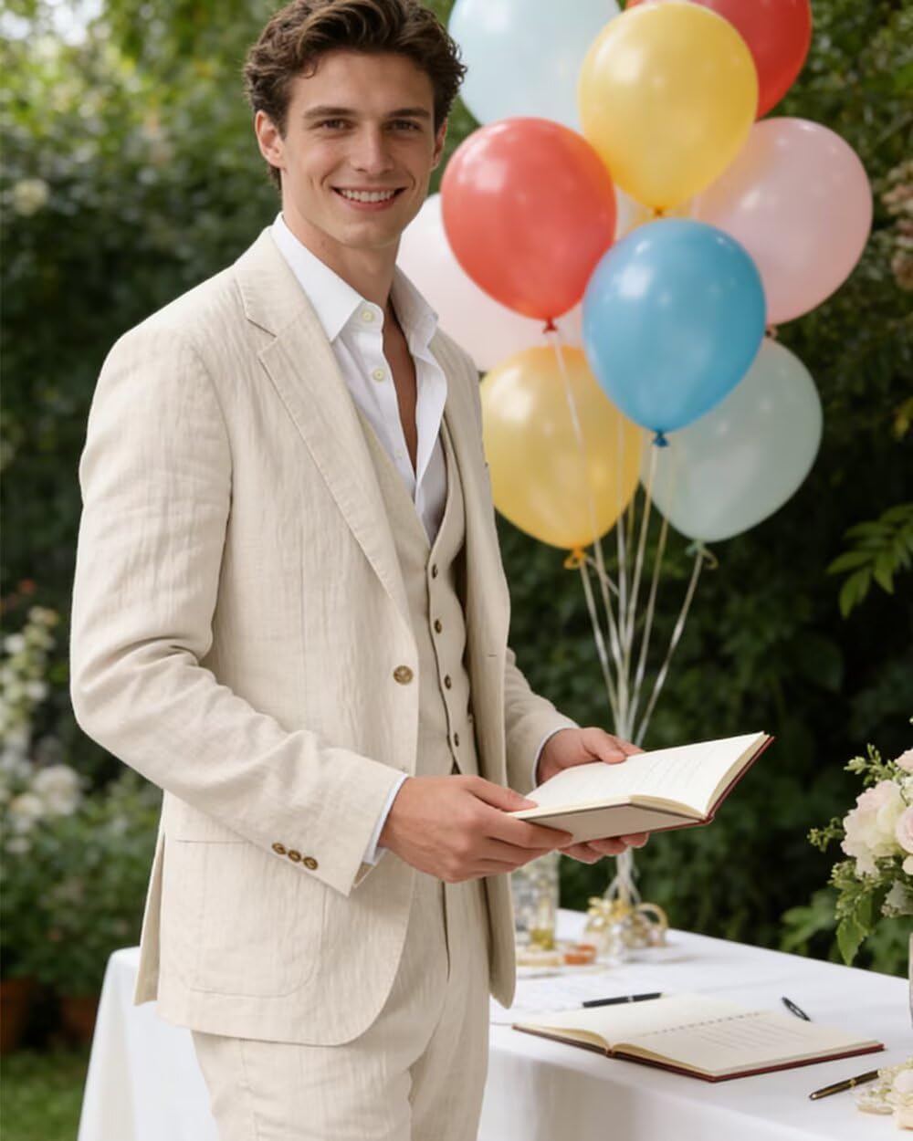 Linen Mens Suit 3 Piece Slim Fit Lightweight Linen Suits Sets Blazer Jackets Vest Pants Summer Casual Travel Tuxedo for Men - Image 4