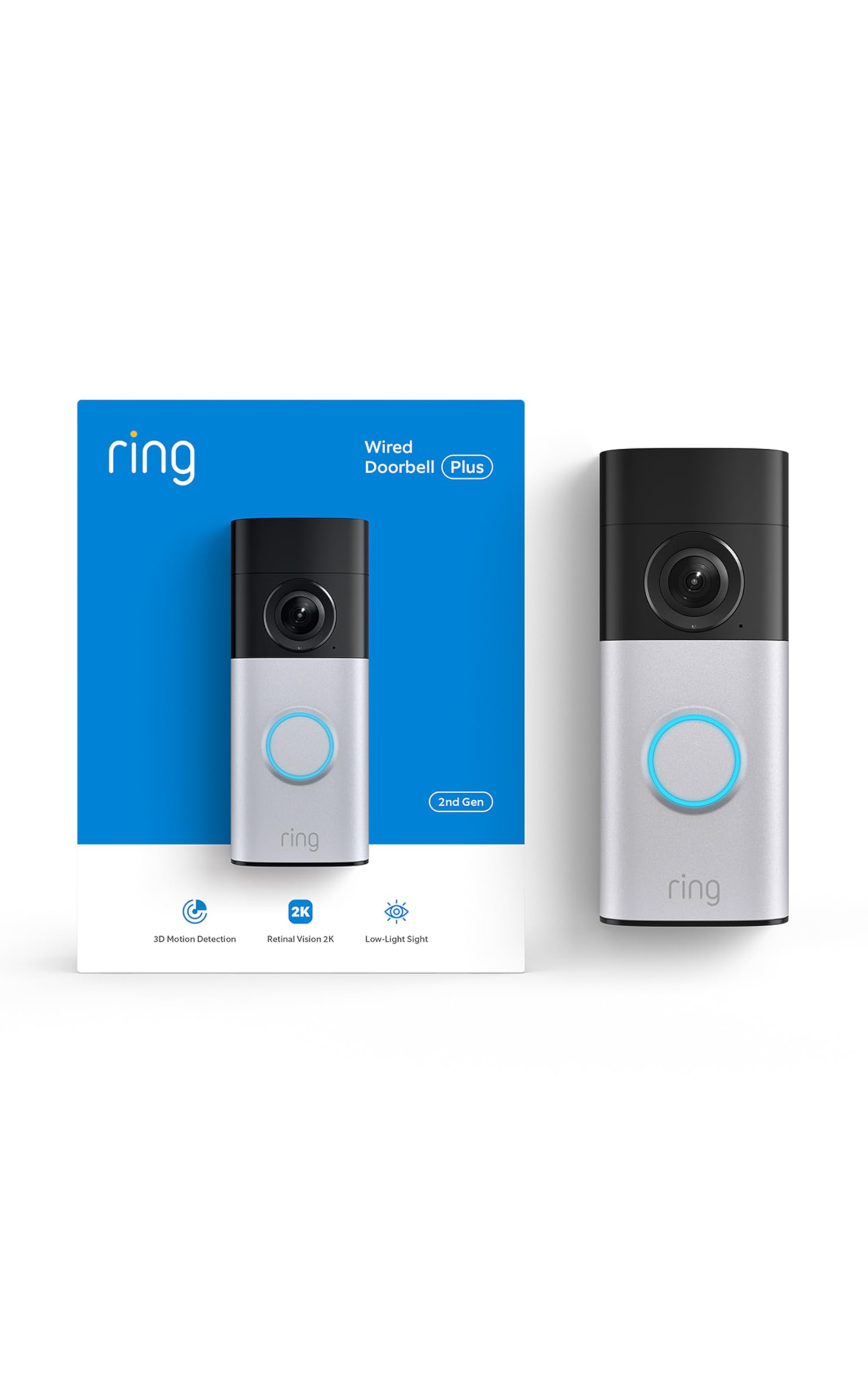 Ring Wired Doorbell Plus (Newest Model) — Retinal 2K with wide-angle video, 4x Enhanced Zoom, and Low-Light Sight, Nickel Silver