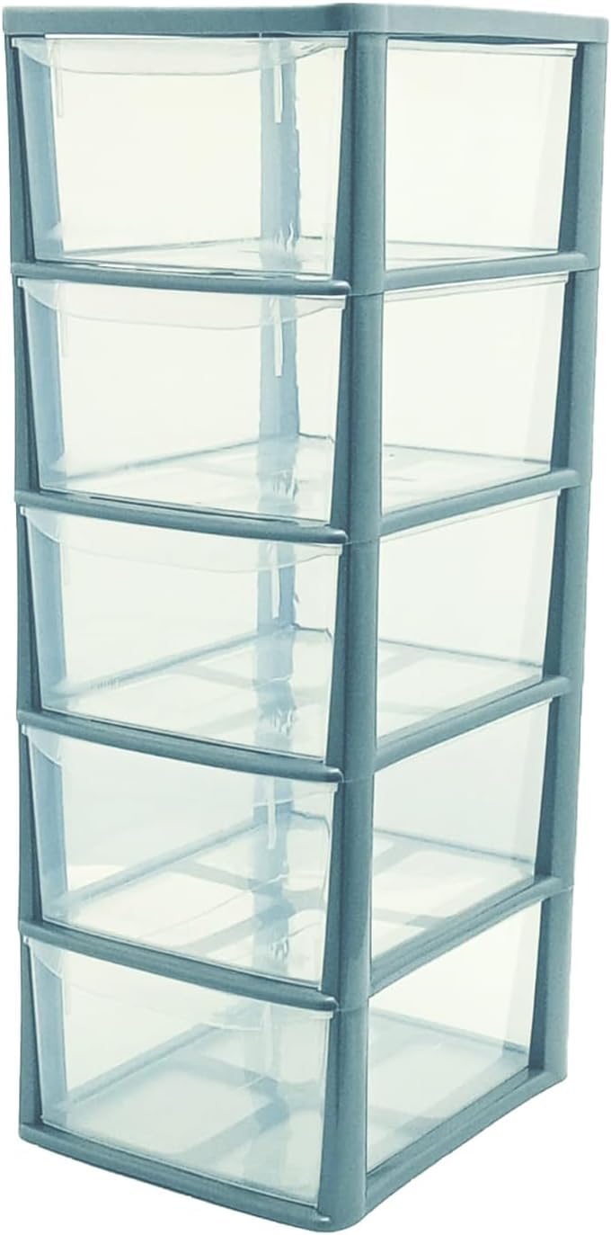 SIDSONS - A4 Medium Deep & Shallow Drawers - Portable Cabinets for Home and Office - Desktop Tower Storage Organizer - Multi-Purpose Plastic Clear Drawer (Silver/Clear, A4 5 Deep Drawers Unit)